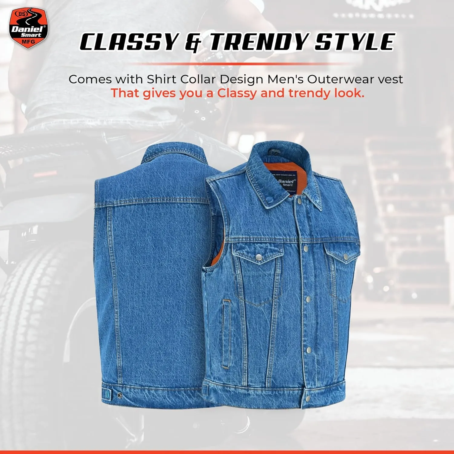 Daniel Smart Sleeveless Denim Biker Vest for Men Unique Raw Blue & Black Jean Vest with Snap Closure & Multiple Carry Pockets