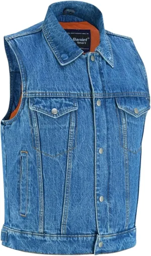 Daniel Smart Sleeveless Denim Biker Vest for Men Unique Raw Blue & Black Jean Vest with Snap Closure & Multiple Carry Pockets