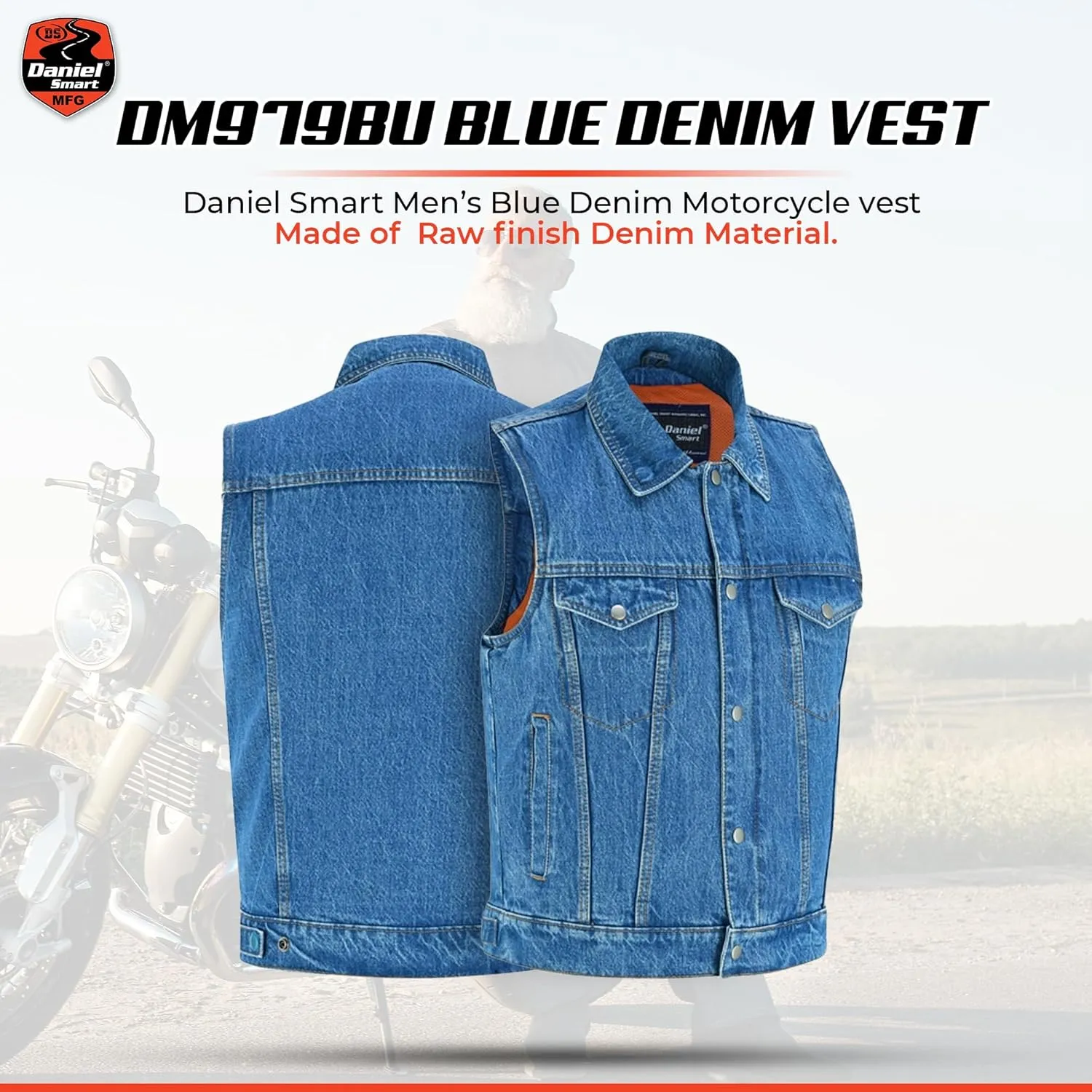 Daniel Smart Sleeveless Denim Biker Vest for Men Unique Raw Blue & Black Jean Vest with Snap Closure & Multiple Carry Pockets
