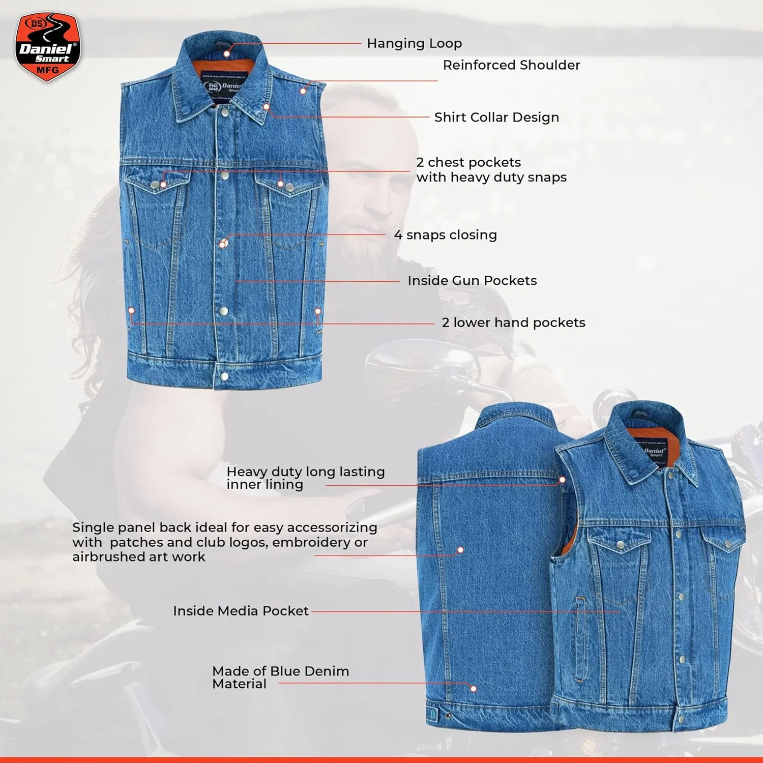 Daniel Smart Sleeveless Denim Biker Vest for Men Unique Raw Blue & Black Jean Vest with Snap Closure & Multiple Carry Pockets