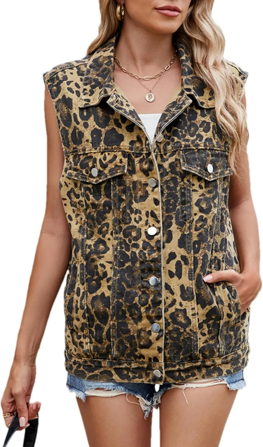 Denim Jean Vest for Women Oversized Sleeveless Mid Long Button Down Denim Waistcoat