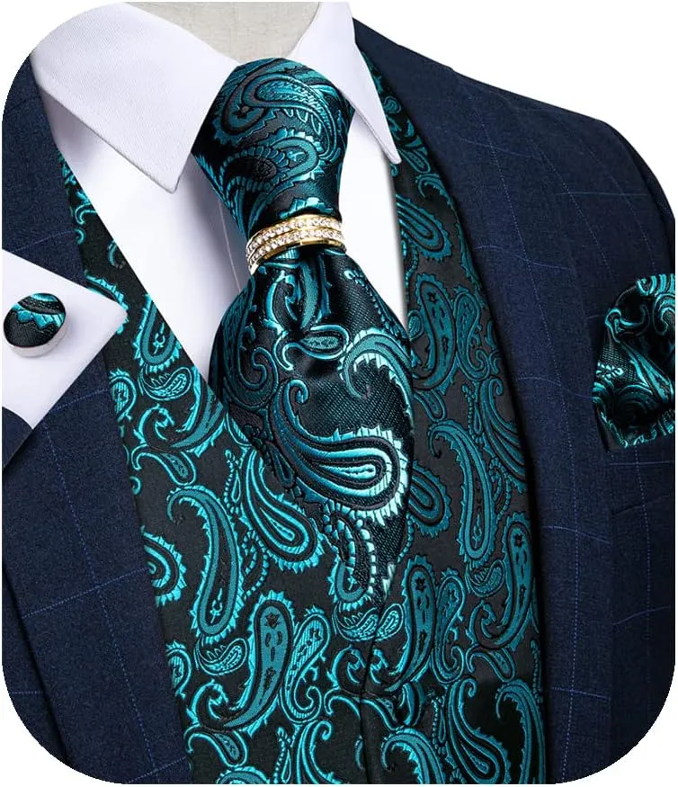 DiBanGu Men's Suit Vest Formal Men Paisley Vest Jacquard Tie Waistcoat Hanky Set With Tie Ring Wedding Party 5PCS