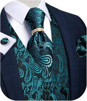 DiBanGu Men's Suit Vest Formal Men Paisley Vest Jacquard Tie Waistcoat Hanky Set With Tie Ring Wedding Party 5PCS