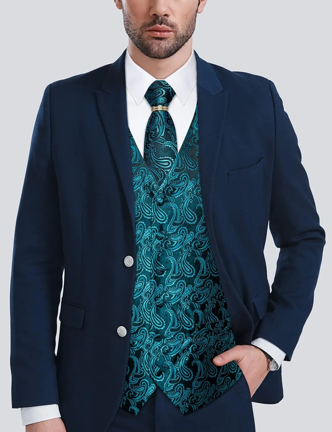 DiBanGu Men's Suit Vest Formal Men Paisley Vest Jacquard Tie Waistcoat Hanky Set With Tie Ring Wedding Party 5PCS