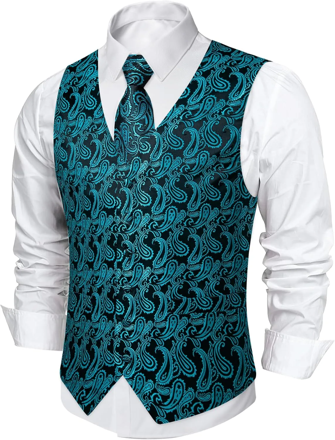 DiBanGu Men's Suit Vest Formal Men Paisley Vest Jacquard Tie Waistcoat Hanky Set With Tie Ring Wedding Party 5PCS
