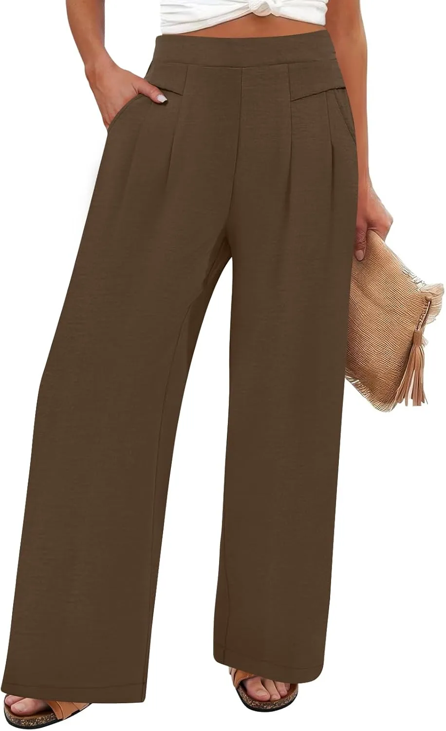 DouBCQ Women's Culottes Wide Leg Pants Elastic Waist Trousers Casual Palazzo Pants with Pockets