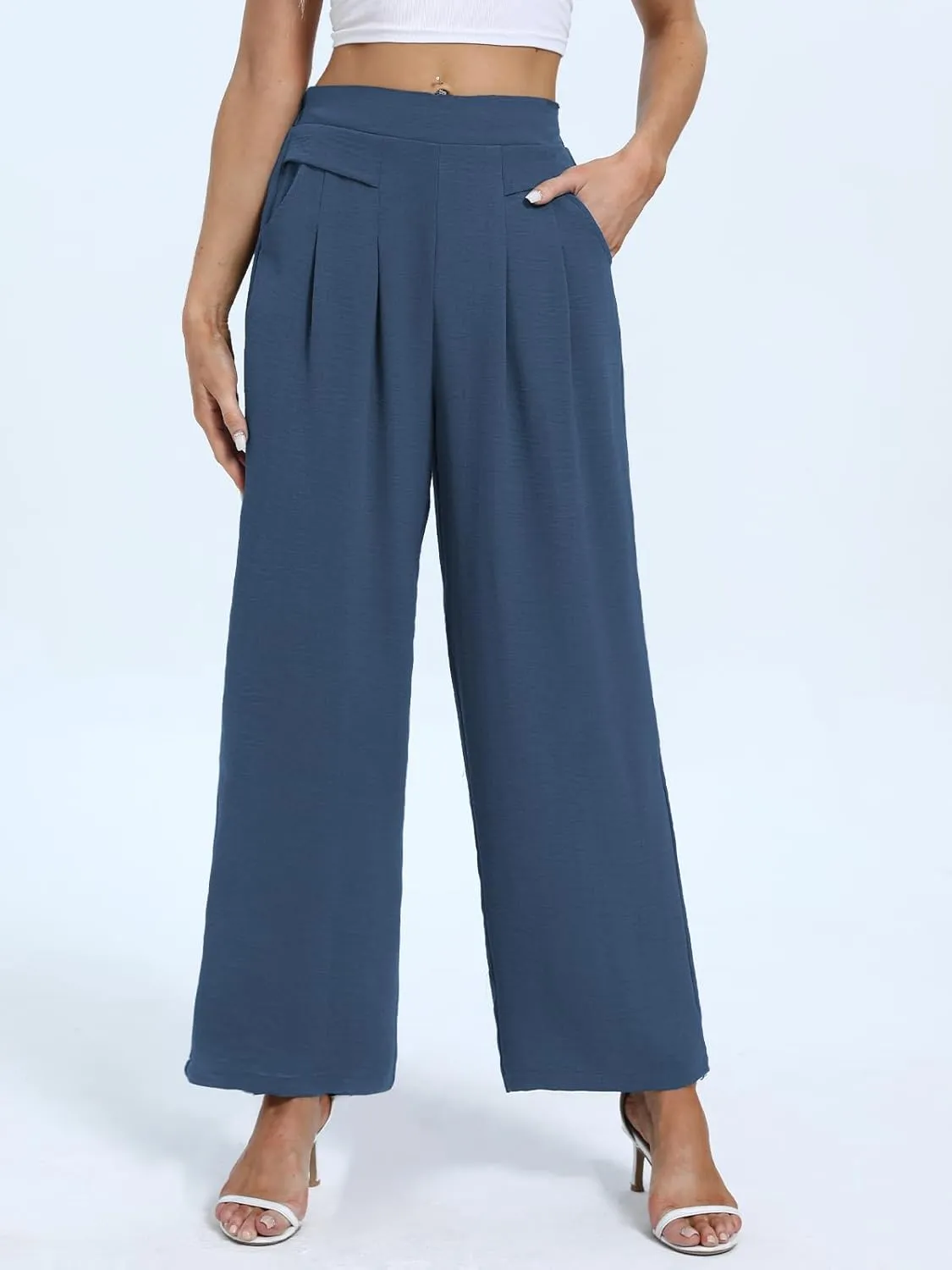 DouBCQ Women's Culottes Wide Leg Pants Elastic Waist Trousers Casual Palazzo Pants with Pockets
