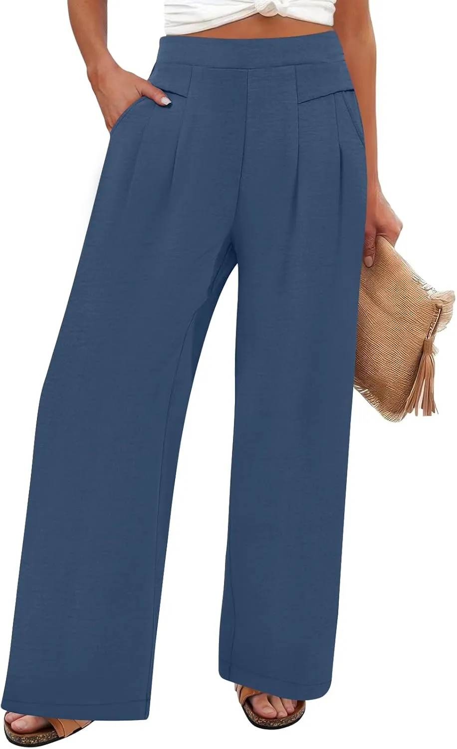 DouBCQ Women's Culottes Wide Leg Pants Elastic Waist Trousers Casual Palazzo Pants with Pockets