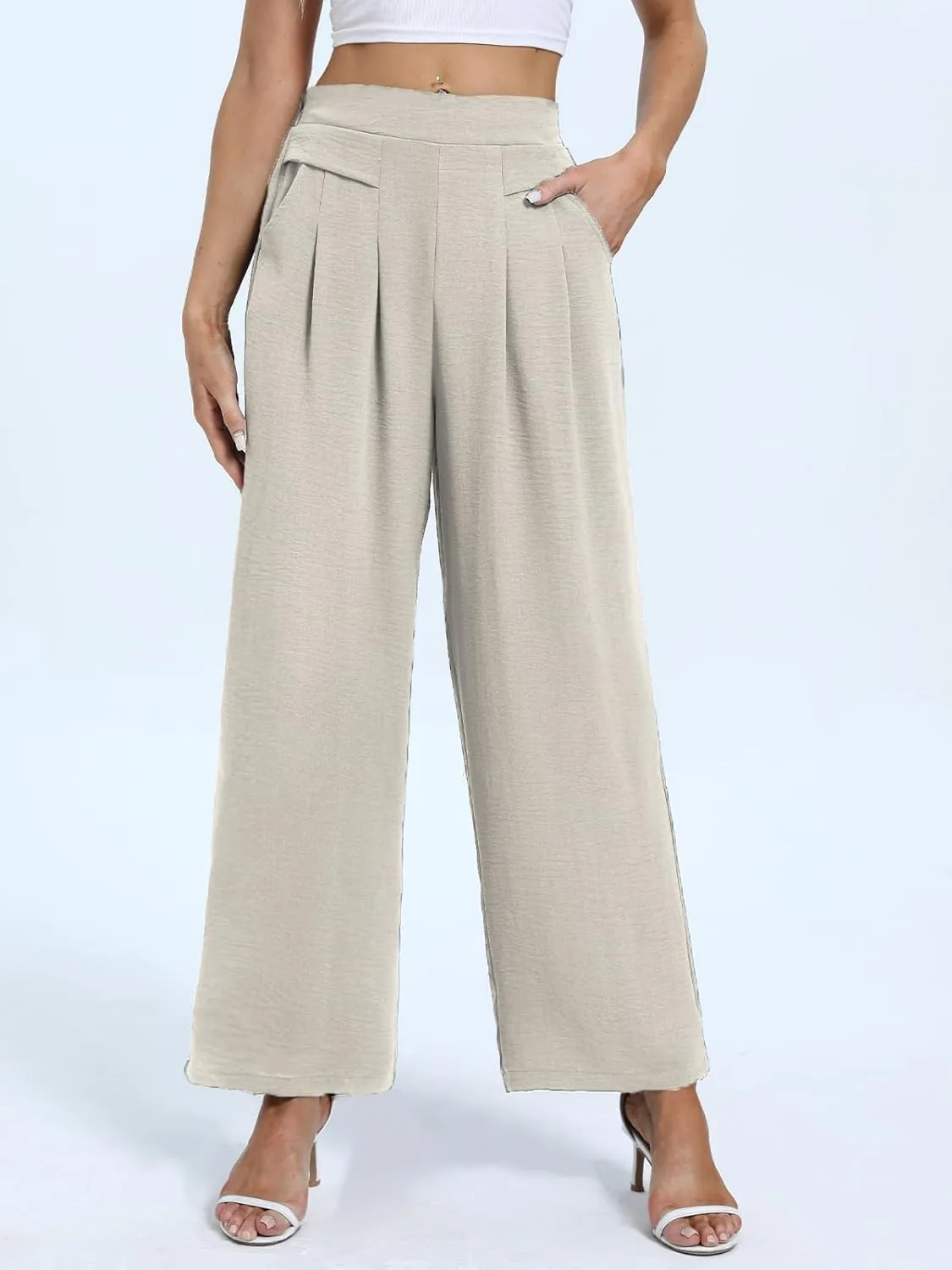 DouBCQ Women's Culottes Wide Leg Pants Elastic Waist Trousers Casual Palazzo Pants with Pockets