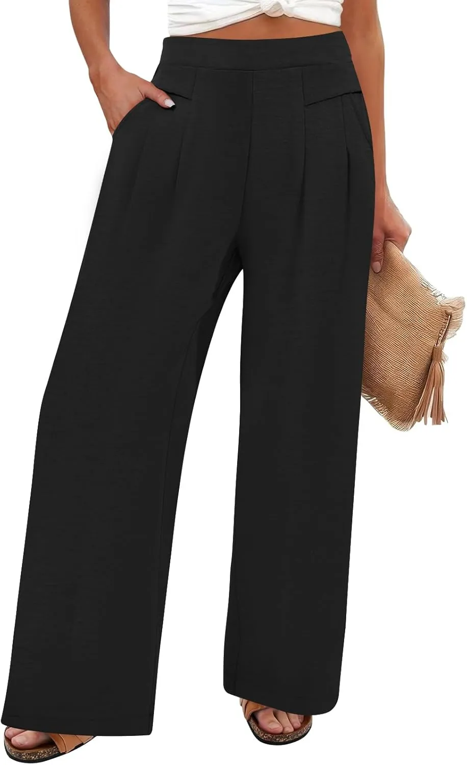 DouBCQ Women's Culottes Wide Leg Pants Elastic Waist Trousers Casual Palazzo Pants with Pockets