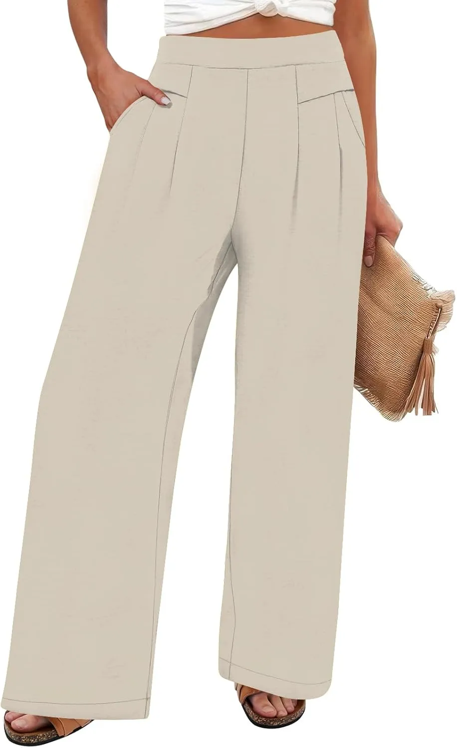 DouBCQ Women's Culottes Wide Leg Pants Elastic Waist Trousers Casual Palazzo Pants with Pockets