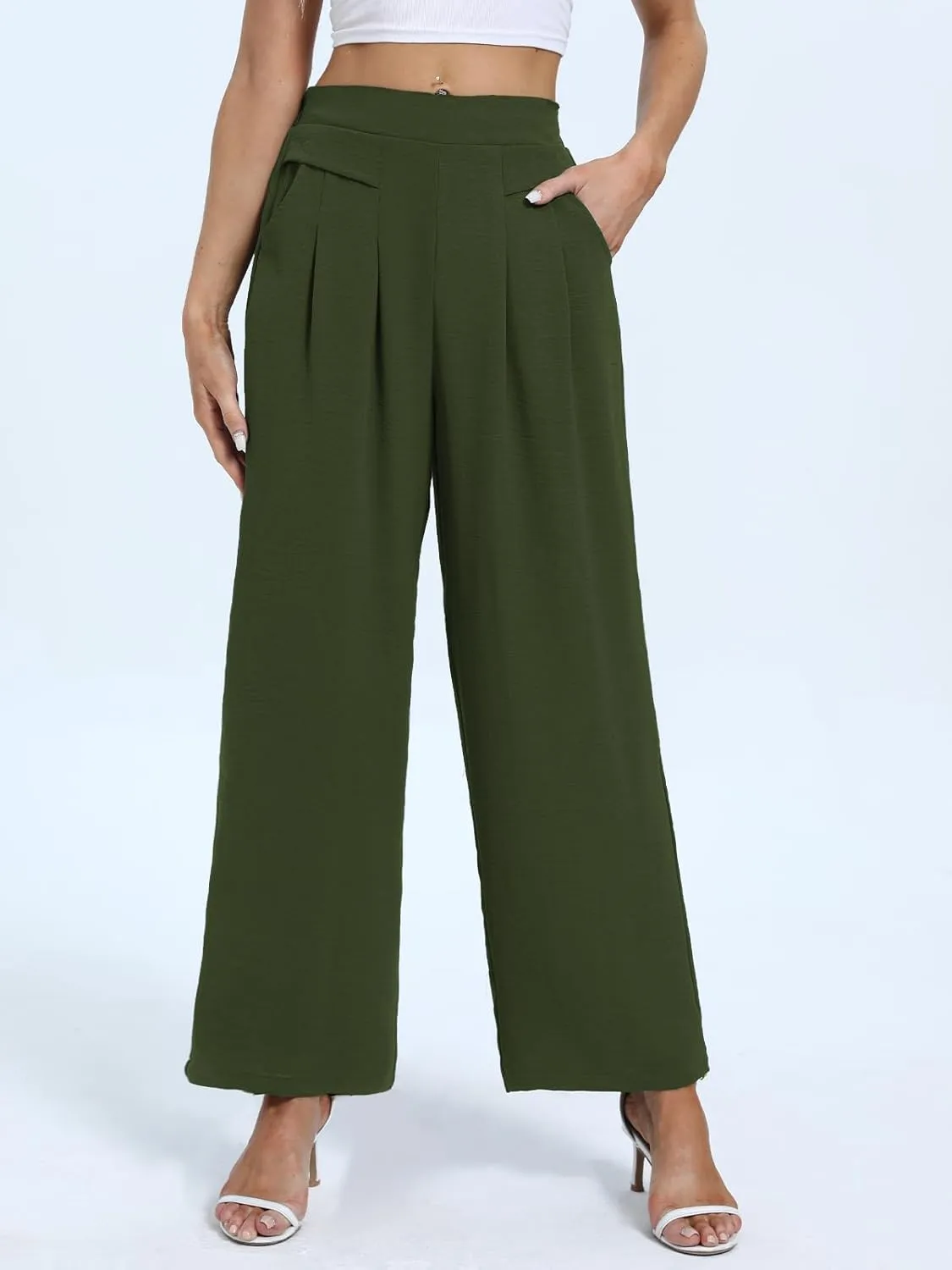 DouBCQ Women's Culottes Wide Leg Pants Elastic Waist Trousers Casual Palazzo Pants with Pockets