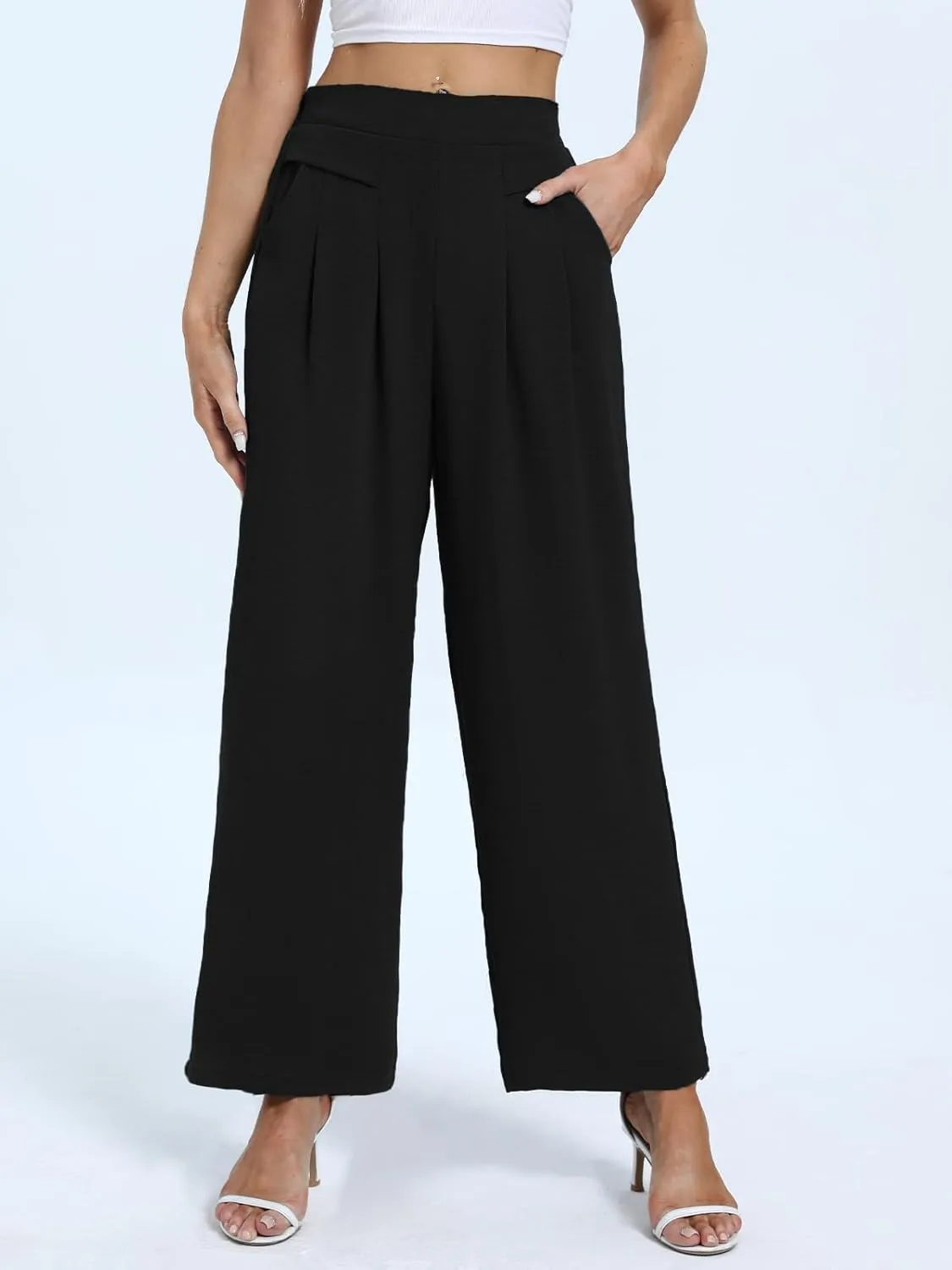 DouBCQ Women's Culottes Wide Leg Pants Elastic Waist Trousers Casual Palazzo Pants with Pockets