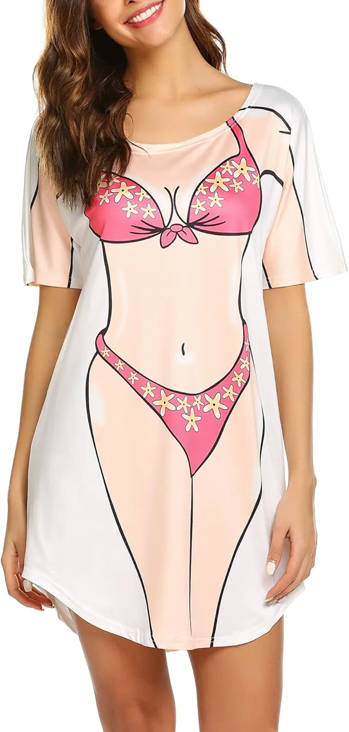Ekouaer Women's Bikini Shirt Cover Up Short Sleeve Cute Bikini Print Cover-Up Baggy T Shirt Dress Fun Wear
