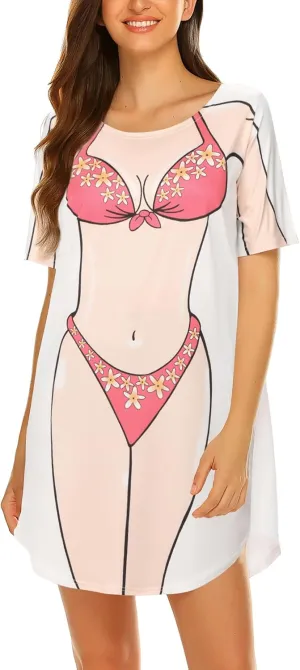 Ekouaer Women's Bikini Shirt Cover Up Short Sleeve Cute Bikini Print Cover-Up Baggy T Shirt Dress Fun Wear