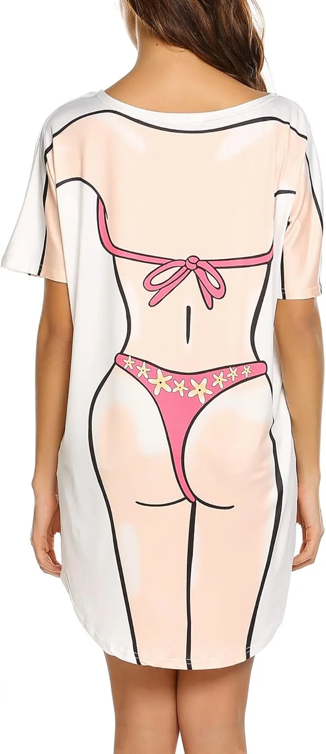 Ekouaer Women's Bikini Shirt Cover Up Short Sleeve Cute Bikini Print Cover-Up Baggy T Shirt Dress Fun Wear