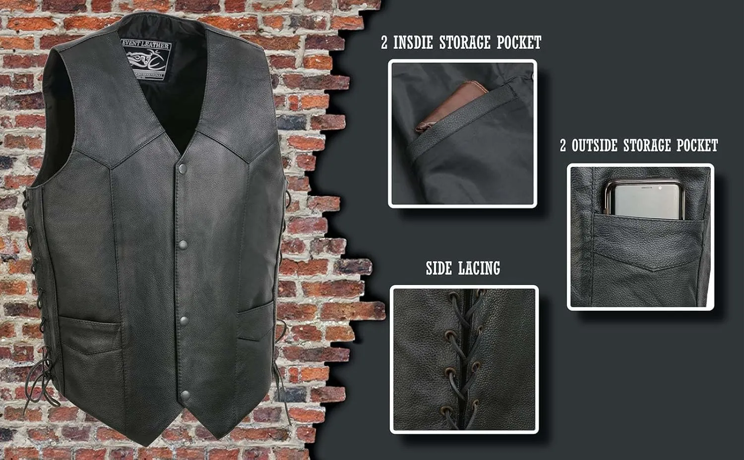 EL1315 Men's Club Style Black Leather Motorcycle Riders Vest w/Side Lace - Riding Club