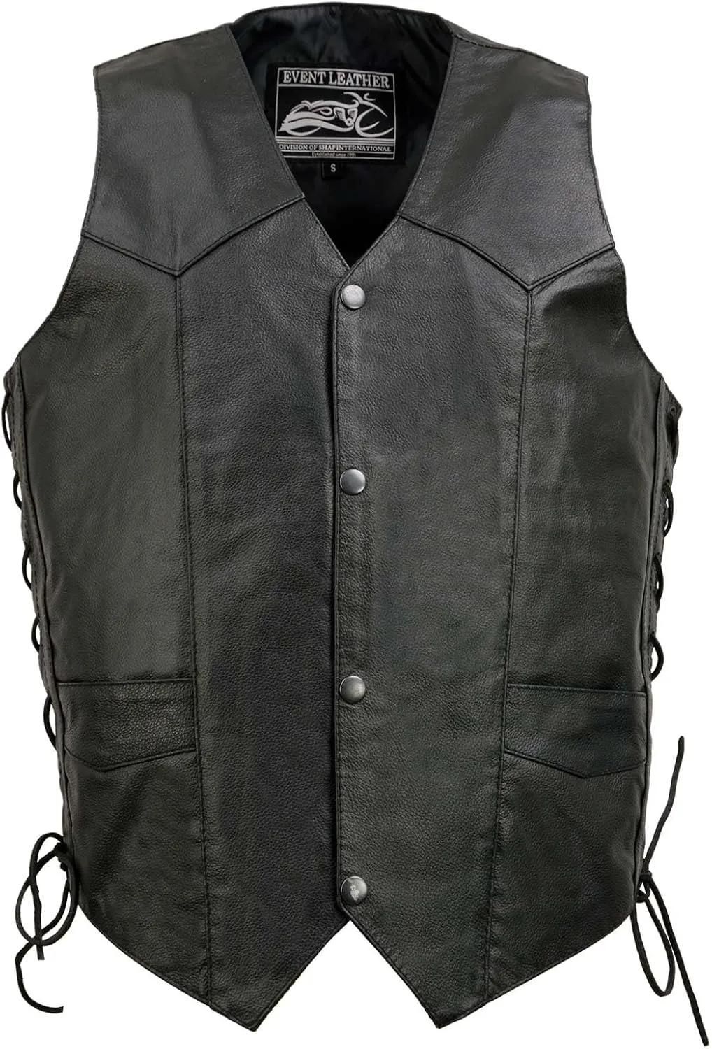 EL1315 Men's Club Style Black Leather Motorcycle Riders Vest w/Side Lace - Riding Club