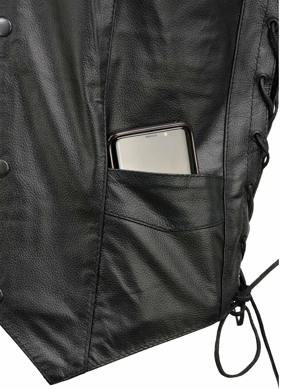 EL1315 Men's Club Style Black Leather Motorcycle Riders Vest w/Side Lace - Riding Club