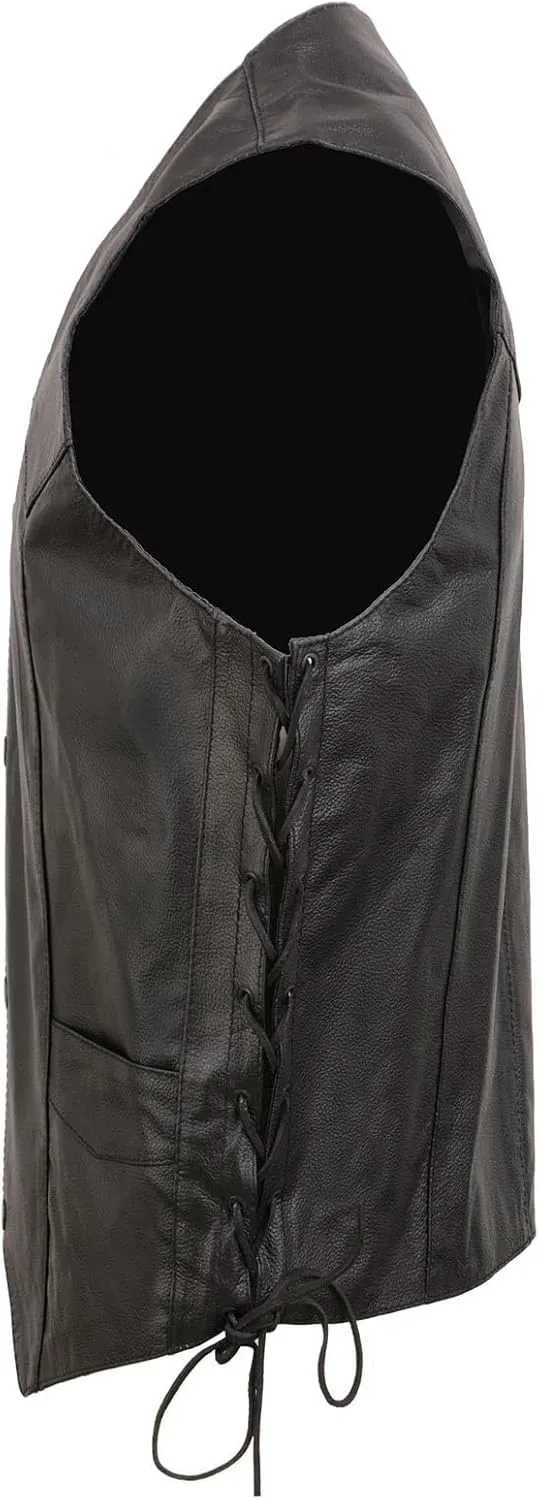 EL1315 Men's Club Style Black Leather Motorcycle Riders Vest w/Side Lace - Riding Club