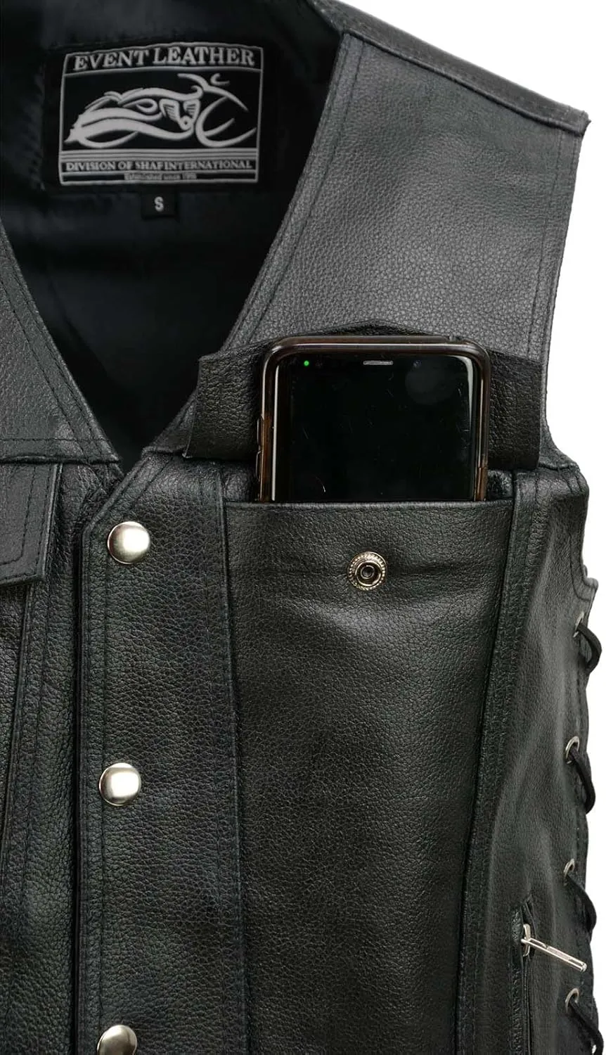 EL5360 Black Motorcycle Leather Vest with Denim Style Pockets -Riding Club Adult Vests