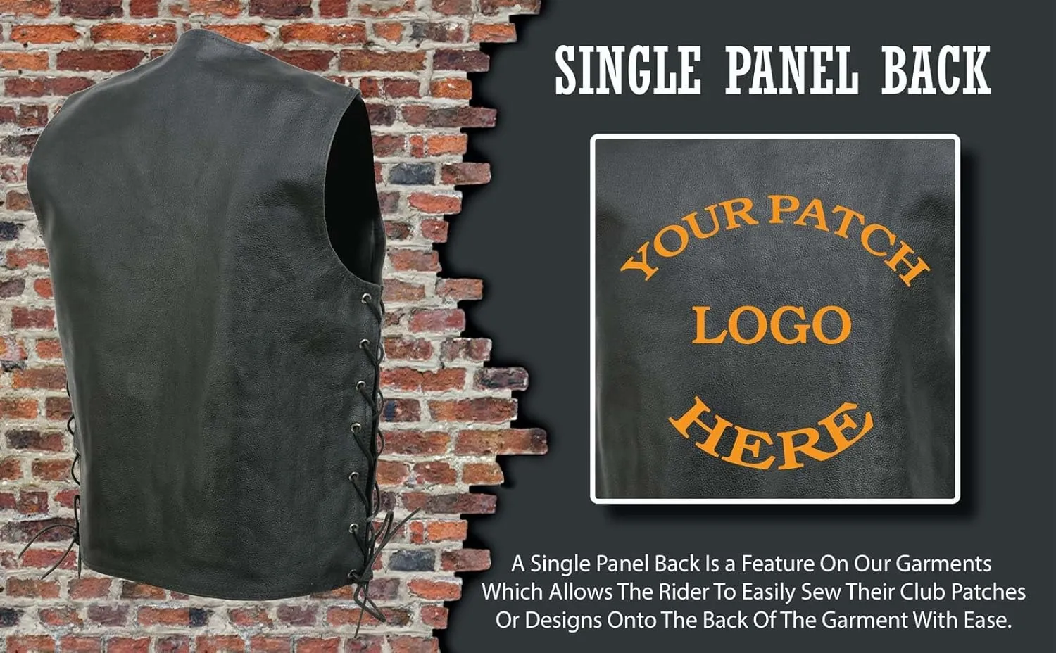 EL5360TALL Black Motorcycle Leather Vest Tall Sizes with Denim Style Pockets -Riding Club Adult Vests
