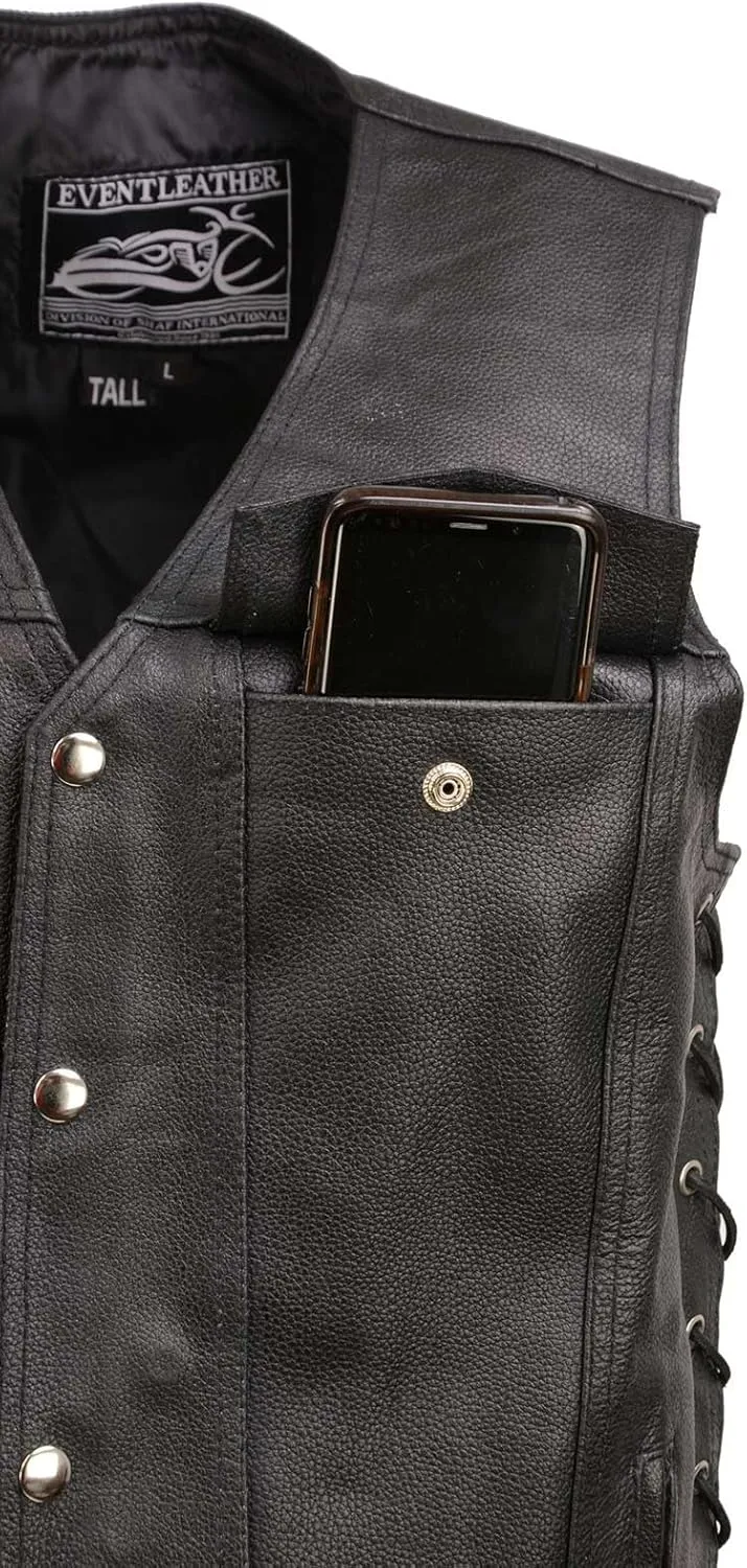 EL5360TALL Black Motorcycle Leather Vest Tall Sizes with Denim Style Pockets -Riding Club Adult Vests