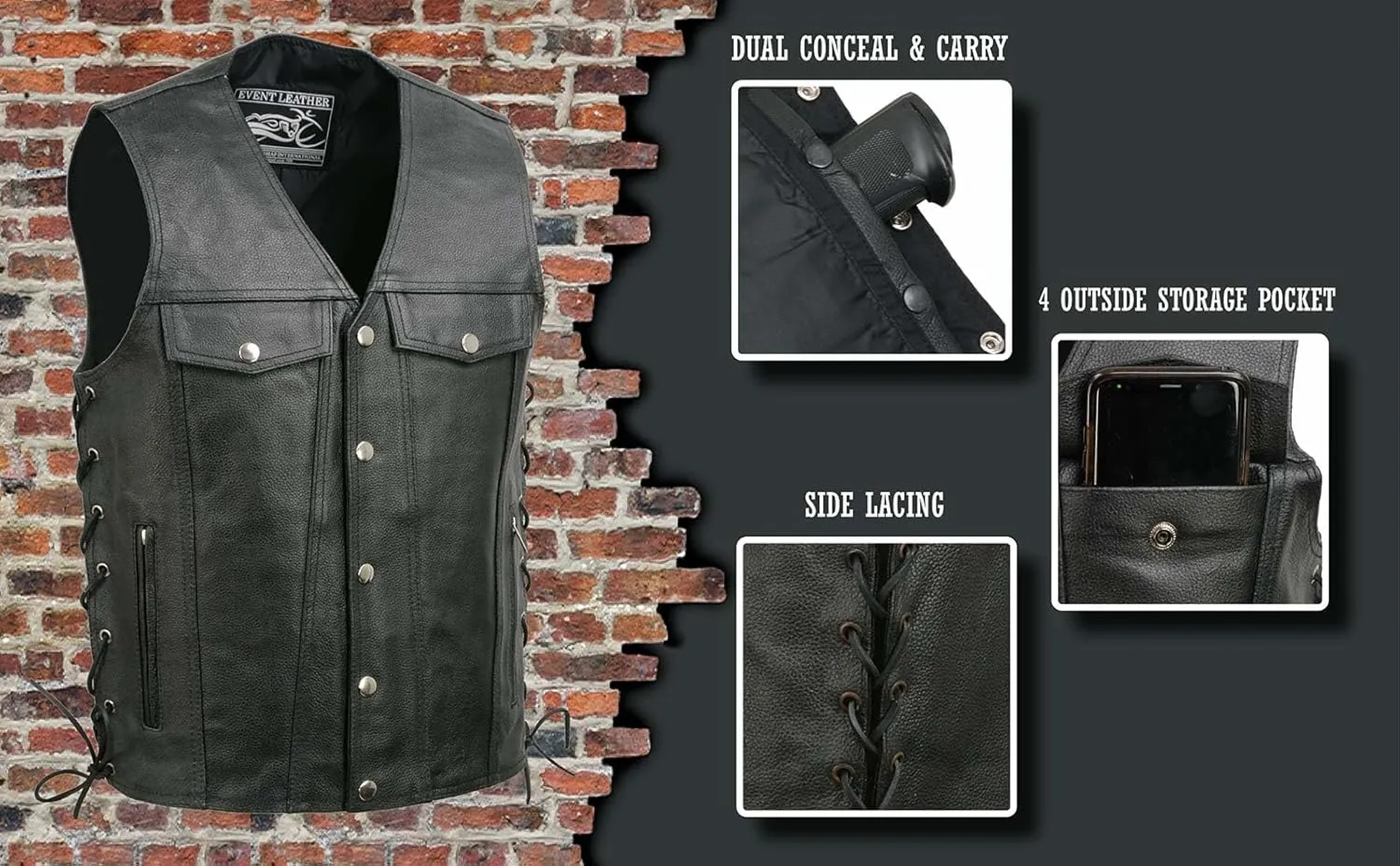 EL5360TALL Black Motorcycle Leather Vest Tall Sizes with Denim Style Pockets -Riding Club Adult Vests
