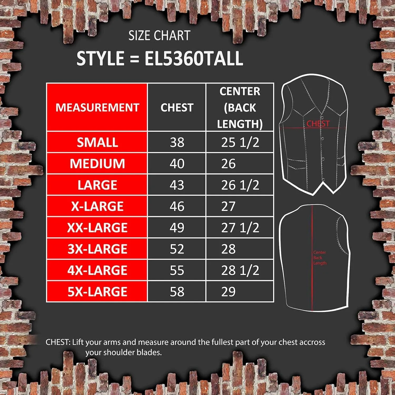 EL5360TALL Black Motorcycle Leather Vest Tall Sizes with Denim Style Pockets -Riding Club Adult Vests