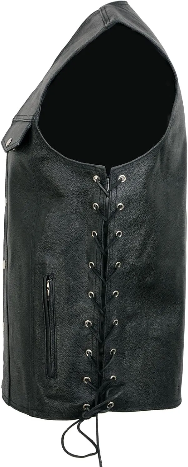 EL5360TALL Black Motorcycle Leather Vest Tall Sizes with Denim Style Pockets -Riding Club Adult Vests