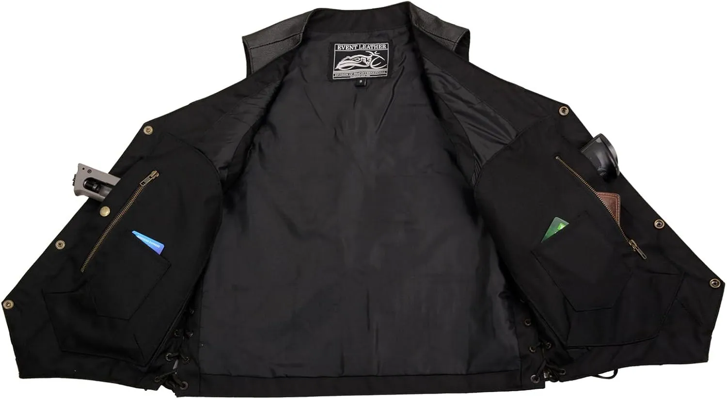 EL5391 Black Motorcycle Leather Vest for Men w/ 10 Pockets- Riding Club Adult Motorcycle Vests - Small