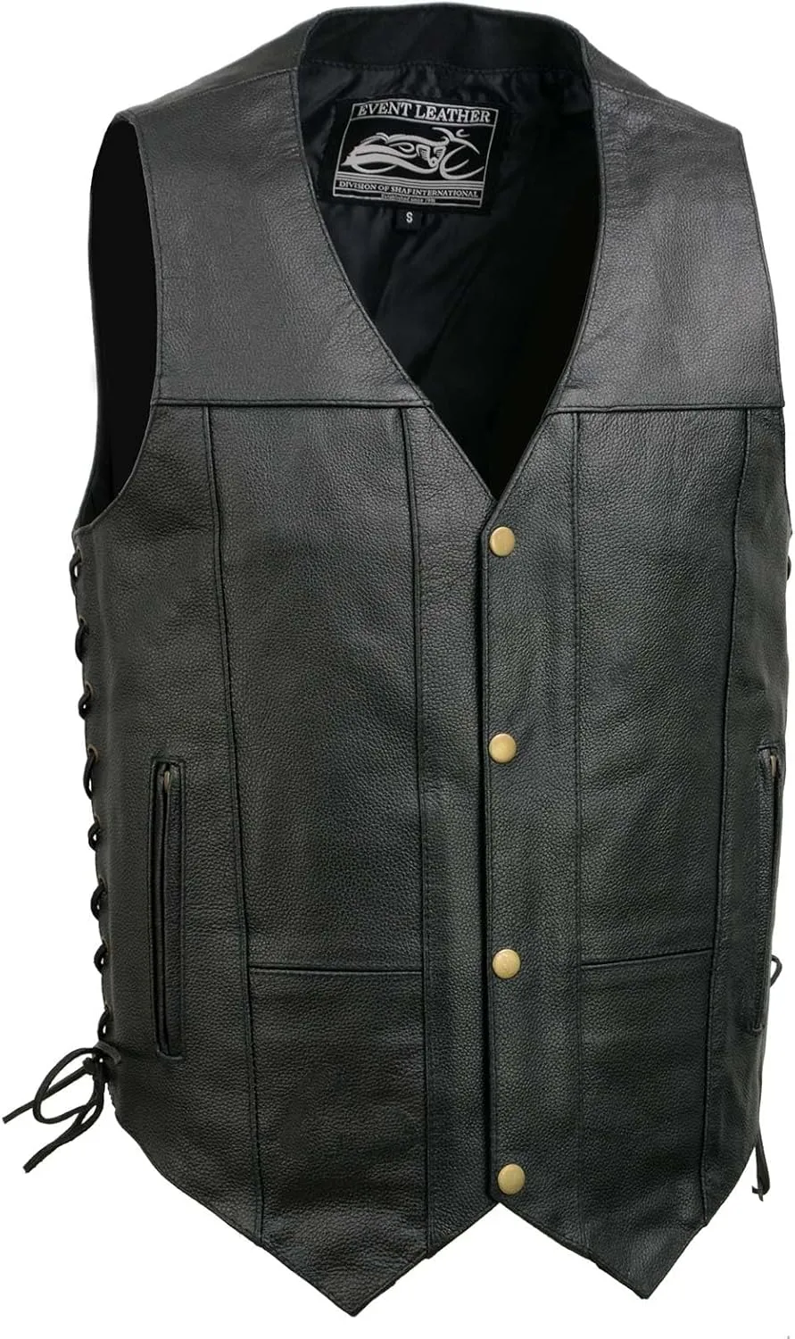 EL5391 Black Motorcycle Leather Vest for Men w/ 10 Pockets- Riding Club Adult Motorcycle Vests - Small
