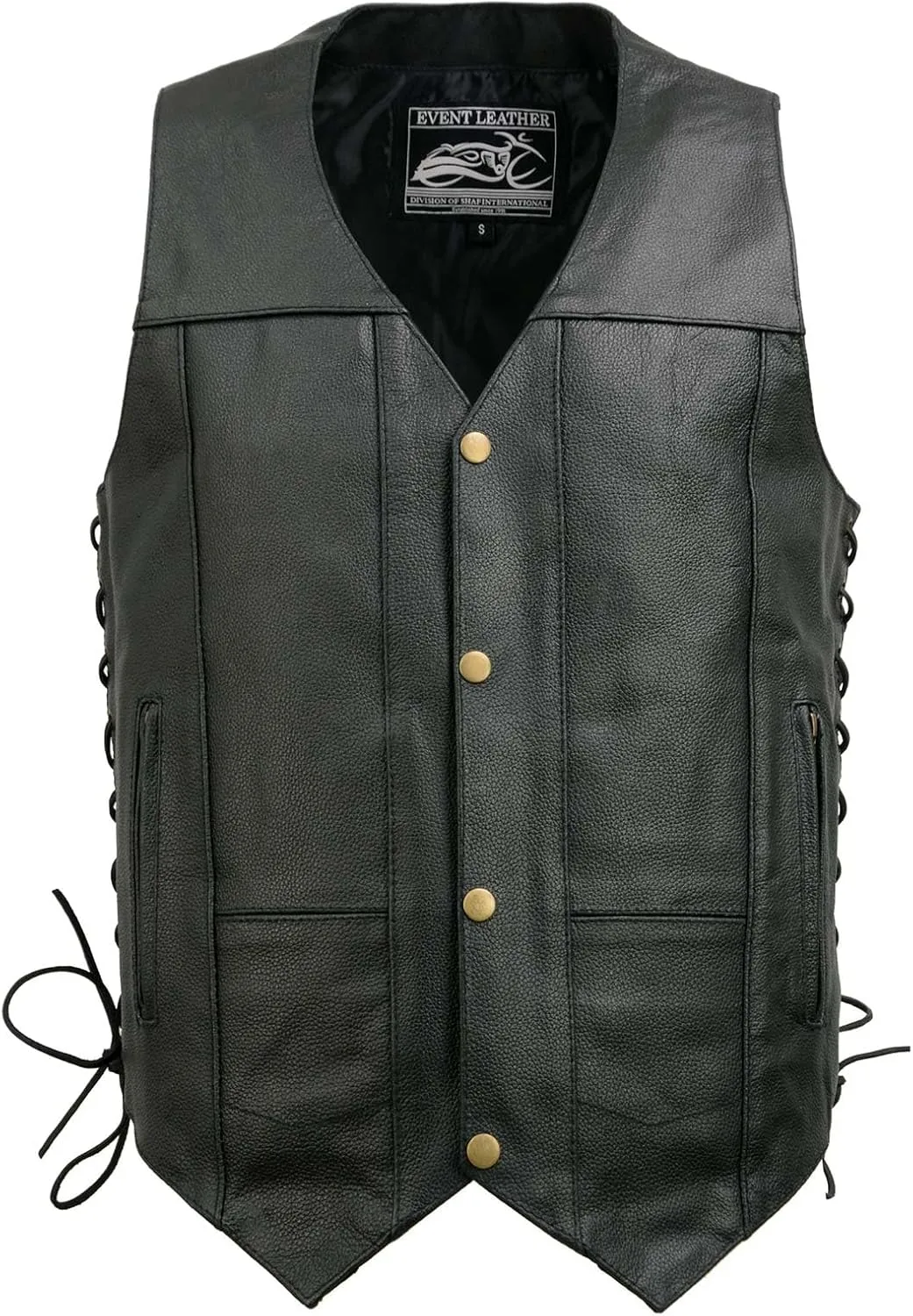 EL5391 Black Motorcycle Leather Vest for Men w/ 10 Pockets- Riding Club Adult Motorcycle Vests - Small