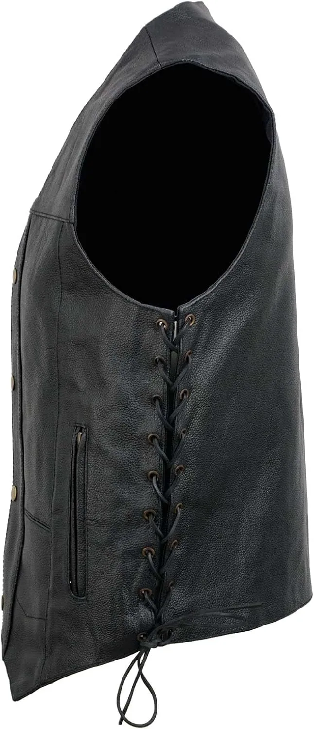 EL5391 Black Motorcycle Leather Vest for Men w/ 10 Pockets- Riding Club Adult Motorcycle Vests - Small