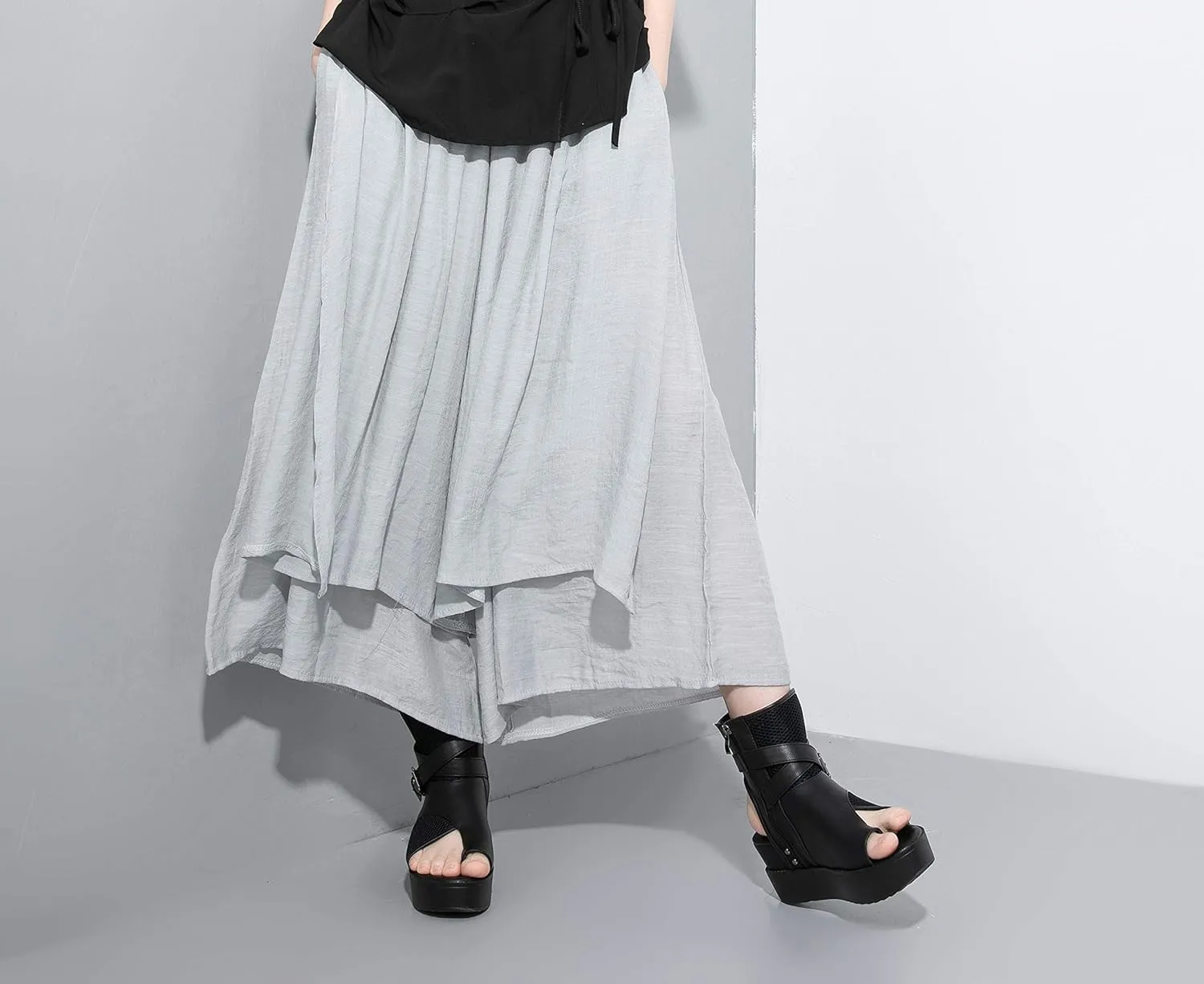 ellazhu Women's Loose Fit Wide Leg Pants with Side Pockets for Casual Lounge Wear Culottes Style GY2416 A