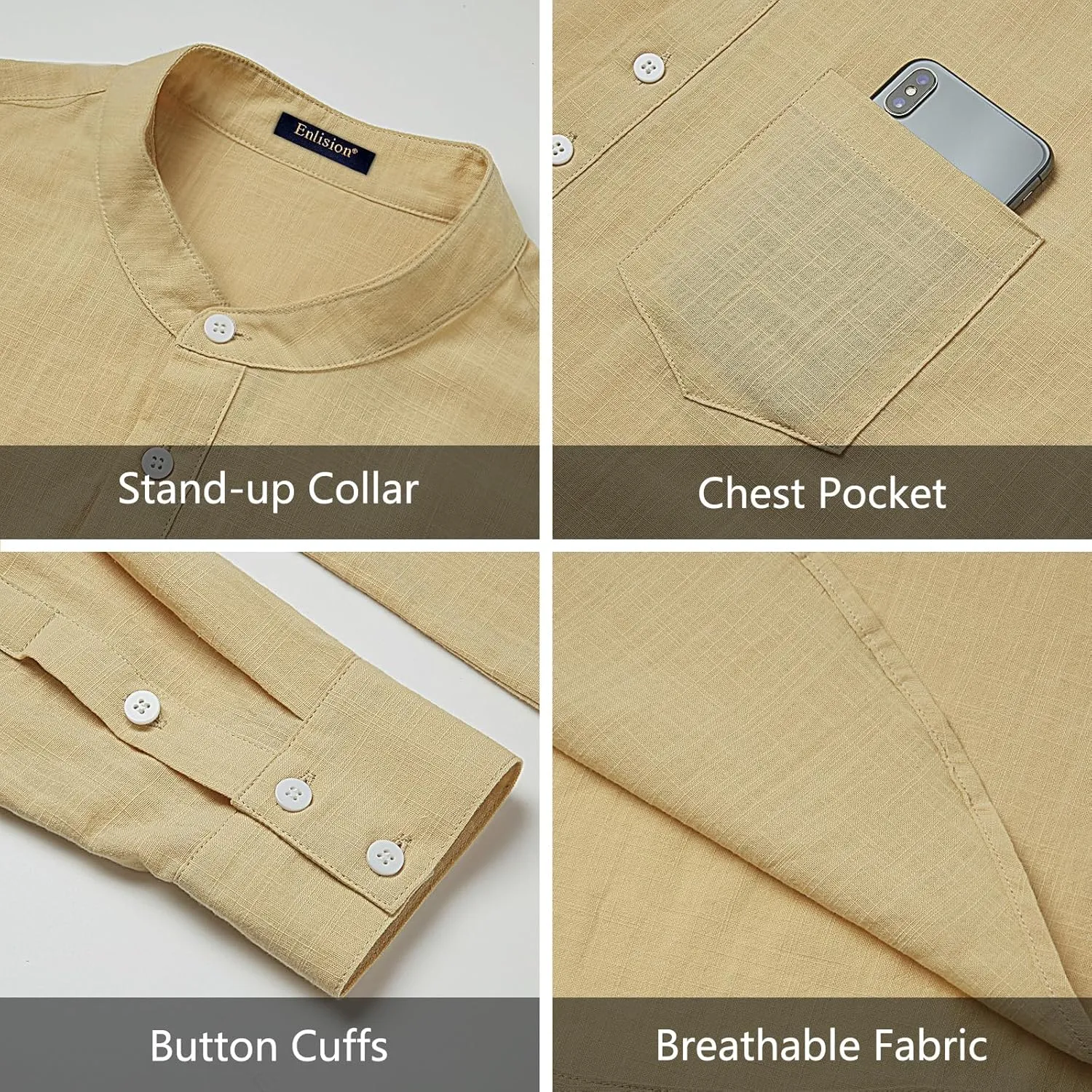 Enlision Mens Cotton Linen Henley Shirts Casual Long Sleeve Summer Beach Shirt Hawaii Hippie Button Down T-Shirt for Men
