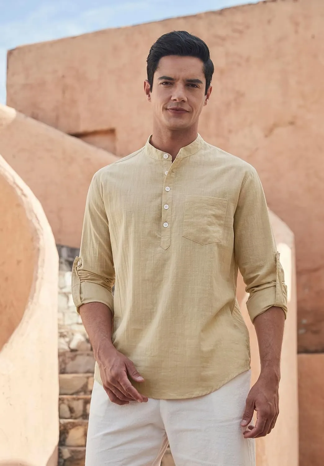 Enlision Mens Cotton Linen Henley Shirts Casual Long Sleeve Summer Beach Shirt Hawaii Hippie Button Down T-Shirt for Men