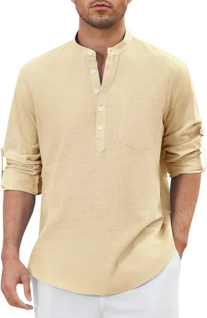 Enlision Mens Cotton Linen Henley Shirts Casual Long Sleeve Summer Beach Shirt Hawaii Hippie Button Down T-Shirt for Men