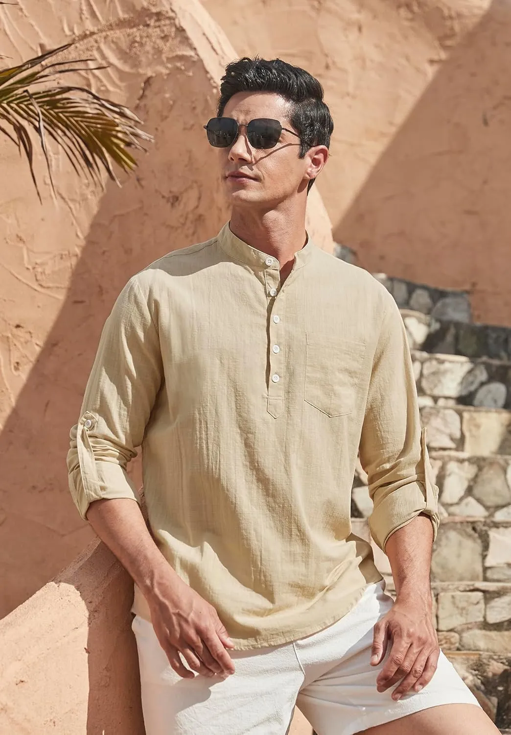 Enlision Mens Cotton Linen Henley Shirts Casual Long Sleeve Summer Beach Shirt Hawaii Hippie Button Down T-Shirt for Men