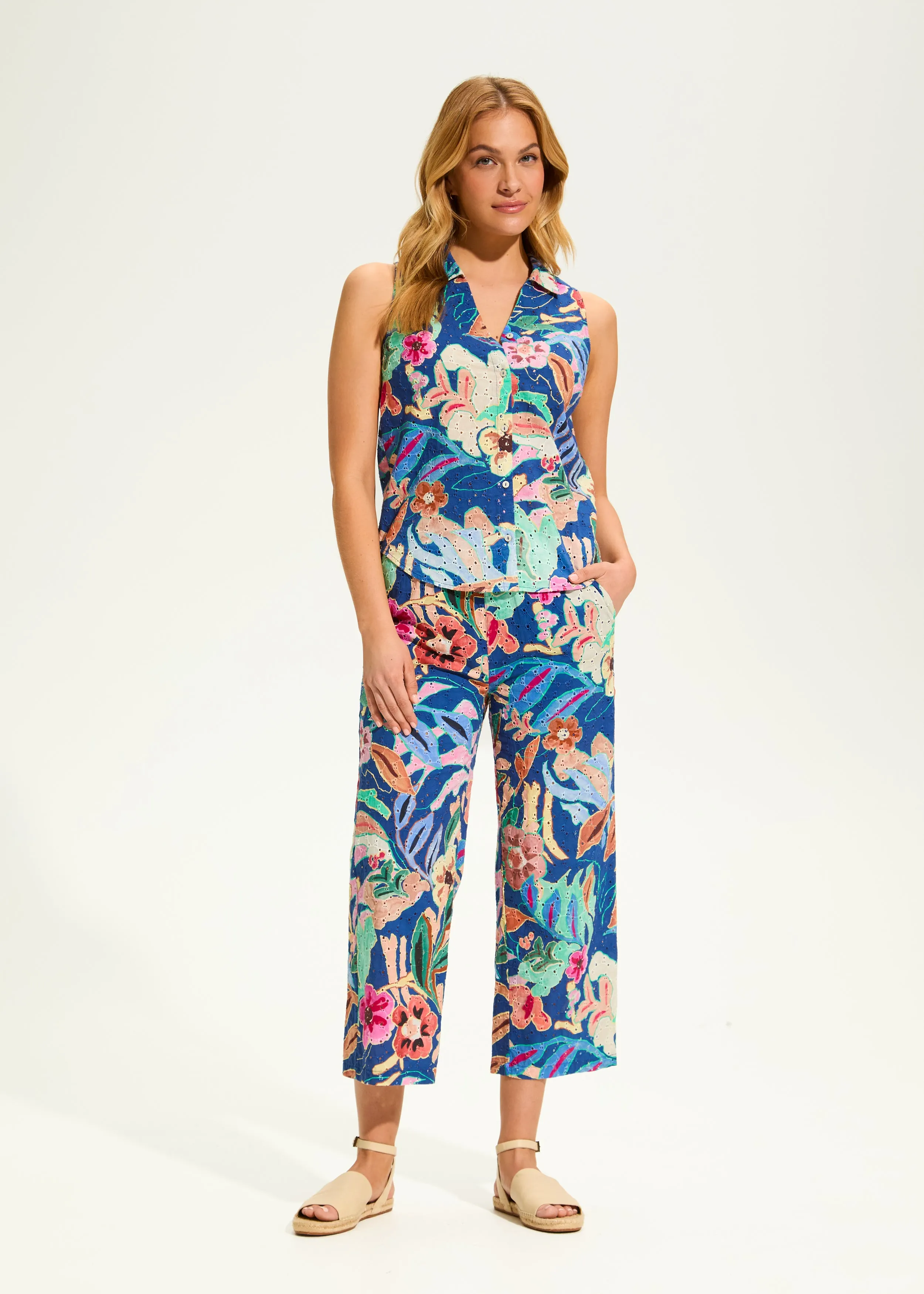 Eyelet Pull-On Crop Wide Leg Denim, Pop Camo Floral