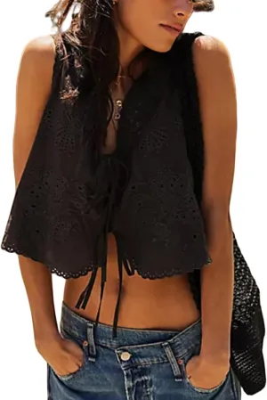 Faretumiya Women Tie Front Vest Y2k Eyelet Embroidery Hollow Out Tank Crop Top Sleeveless Going Out Vest Streetwear