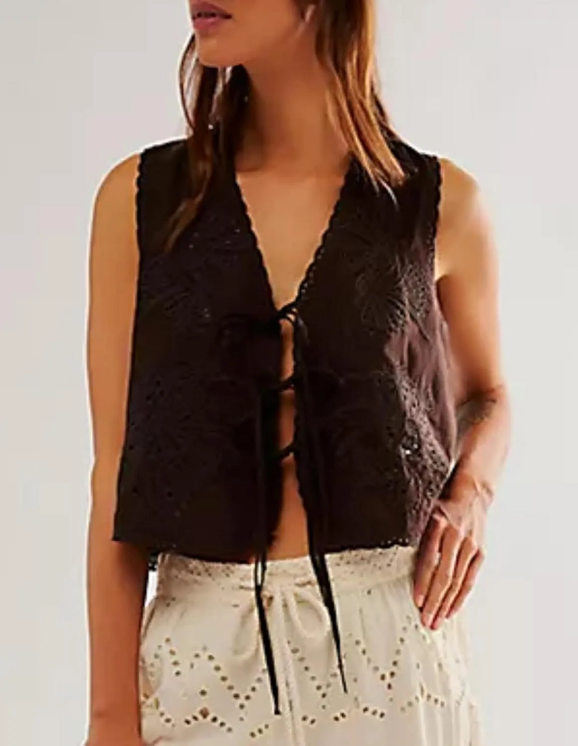 Faretumiya Women Tie Front Vest Y2k Eyelet Embroidery Hollow Out Tank Crop Top Sleeveless Going Out Vest Streetwear