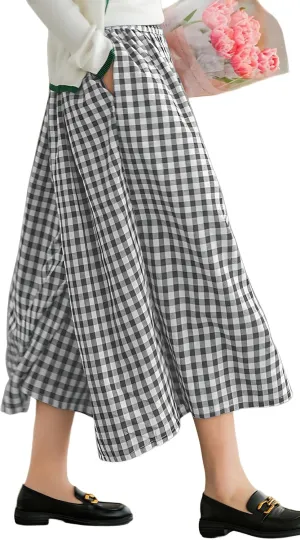 FaroDor Women Gingham Culottes Wide Leg Palazzo Pants Elastic Waist Plaid Capri with Pocket