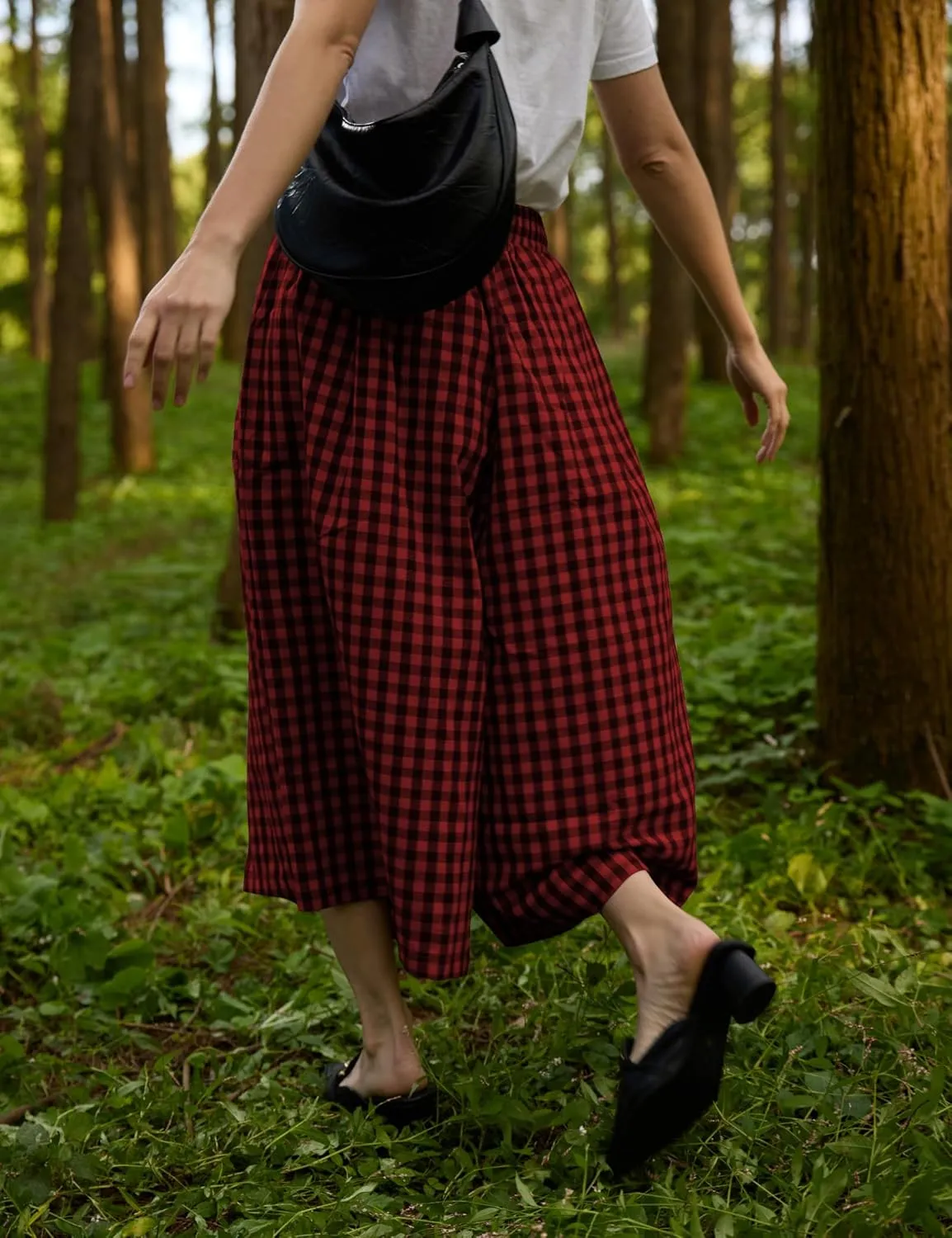 FaroDor Women Gingham Culottes Wide Leg Palazzo Pants Elastic Waist Plaid Capri with Pocket