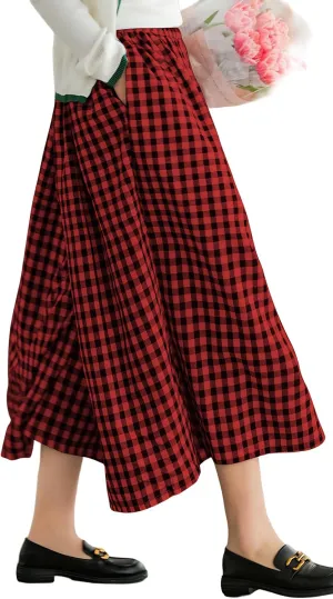 FaroDor Women Gingham Culottes Wide Leg Palazzo Pants Elastic Waist Plaid Capri with Pocket