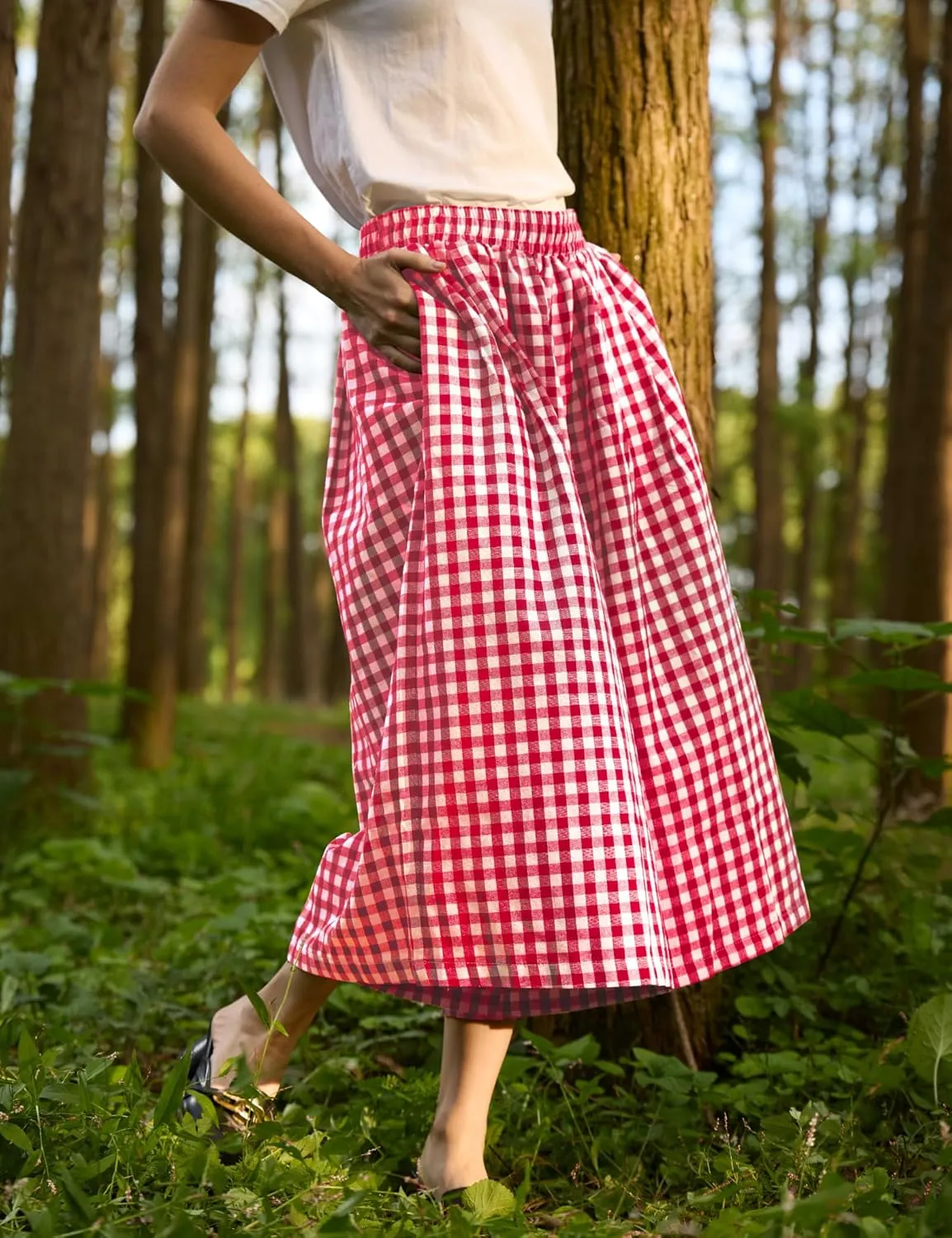 FaroDor Women Gingham Culottes Wide Leg Palazzo Pants Elastic Waist Plaid Capri with Pocket
