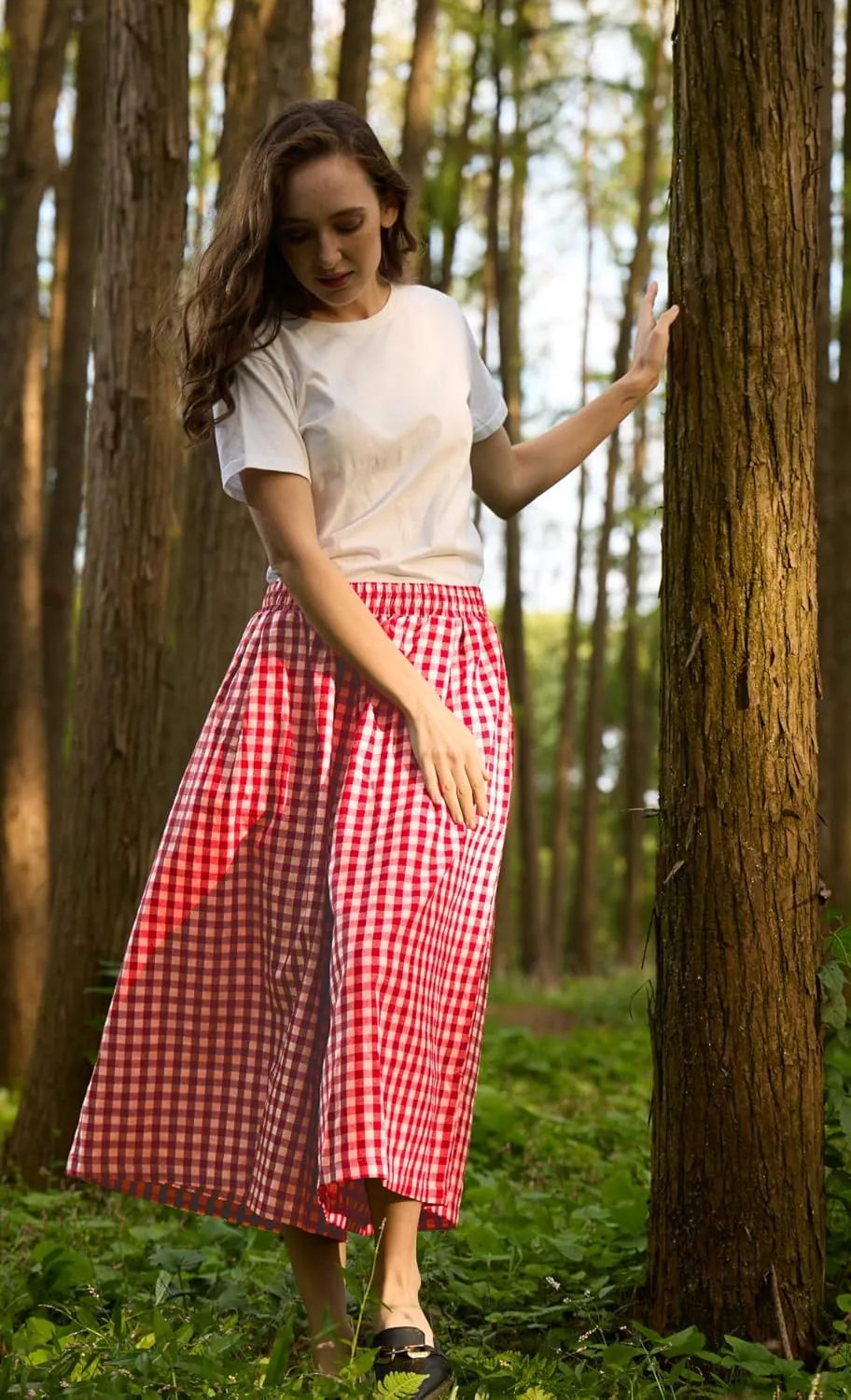 FaroDor Women Gingham Culottes Wide Leg Palazzo Pants Elastic Waist Plaid Capri with Pocket