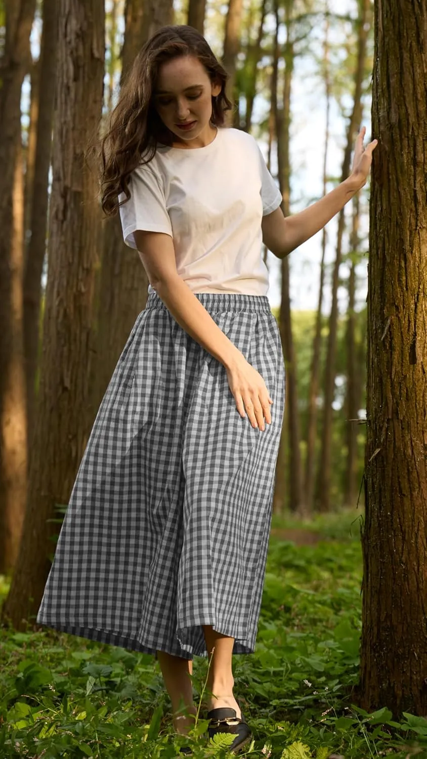 FaroDor Women Gingham Culottes Wide Leg Palazzo Pants Elastic Waist Plaid Capri with Pocket