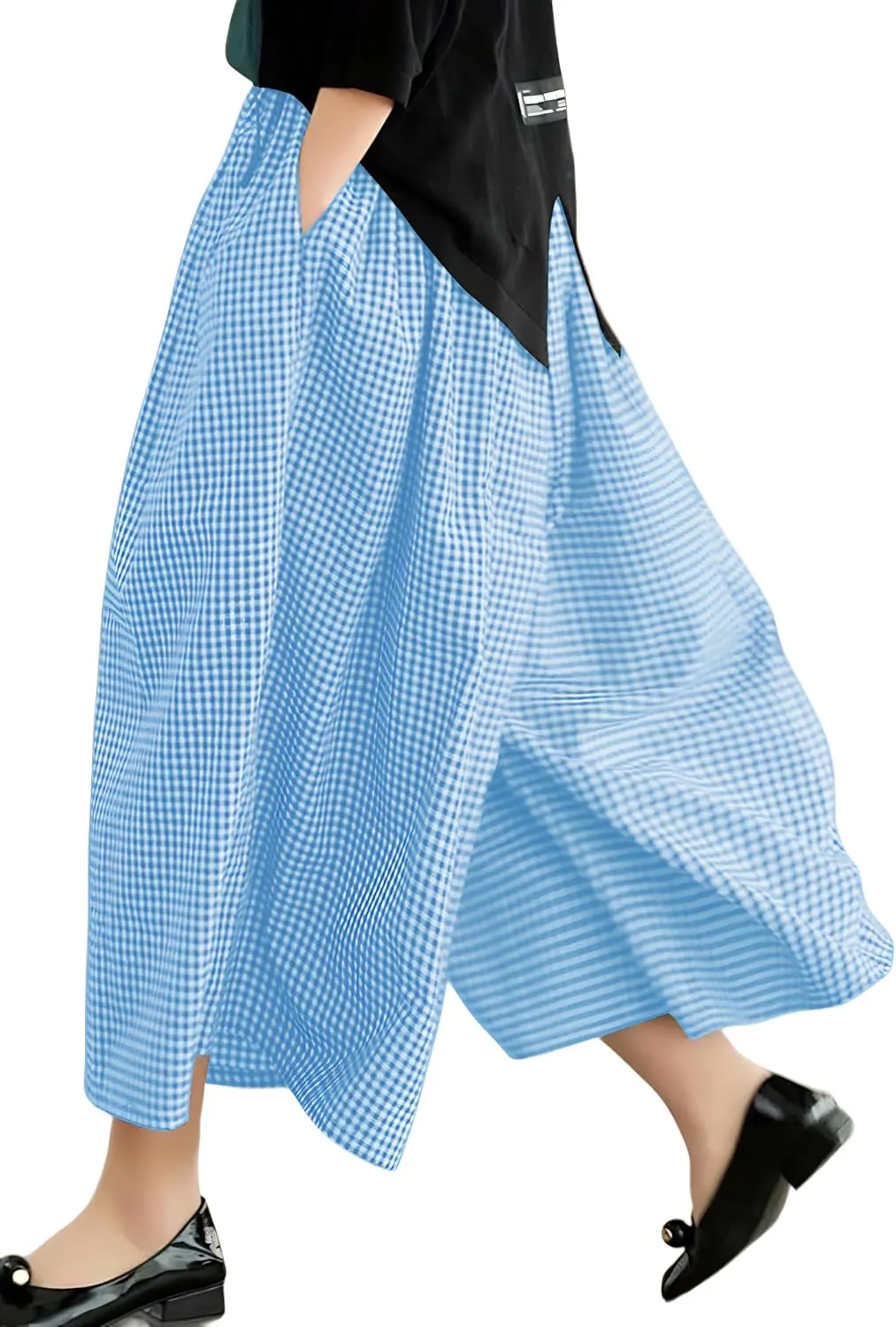 FaroDor Women Gingham Culottes Wide Leg Palazzo Pants Elastic Waist Plaid Capri with Pocket
