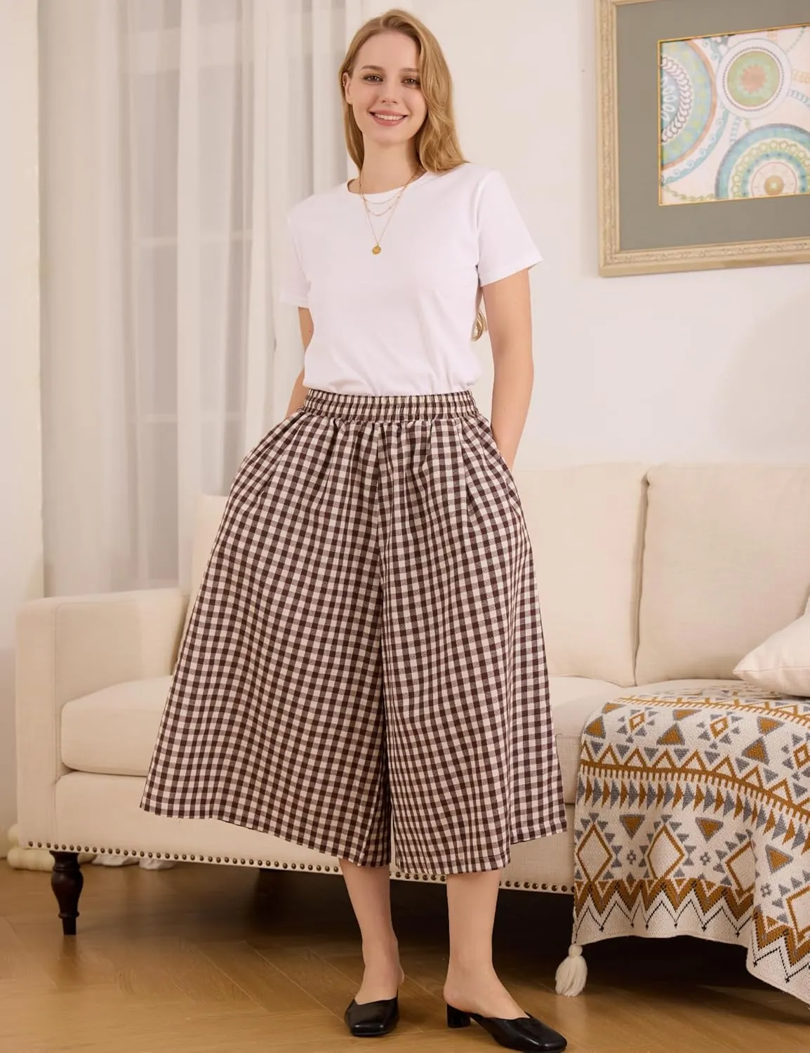 FaroDor Women Gingham Culottes Wide Leg Palazzo Pants Elastic Waist Plaid Capri with Pocket
